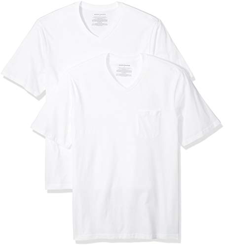 Amazon Essentials - Pack de 2 camisetas de corte holgado con cuello en V y bolsillo en el pecho para hombre, Blanco (White Whi), US M (EU M)