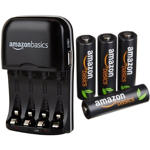 AmazonBasics - Cargador de pilas AA y AAA y 4 pilas recargables AA (500 ciclos, 2500 mAh) AmazonBasics - Cargador de pilas AA y AAA y 4 pilas recargables AA (500 ciclos, 2500 mAh)