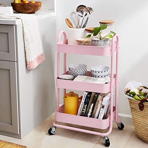 AmazonBasics - Carrito de cocina o multiuso de tres niveles con ruedas en rosa apagado AmazonBasics - Carrito de cocina o multiuso de tres niveles con ruedas en rosa apagado