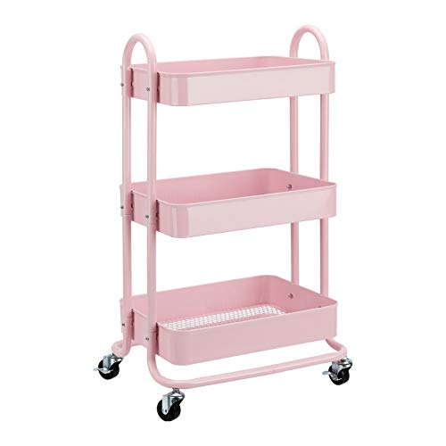 AmazonBasics - Carrito de cocina o multiuso de tres niveles con ruedas en rosa apagado