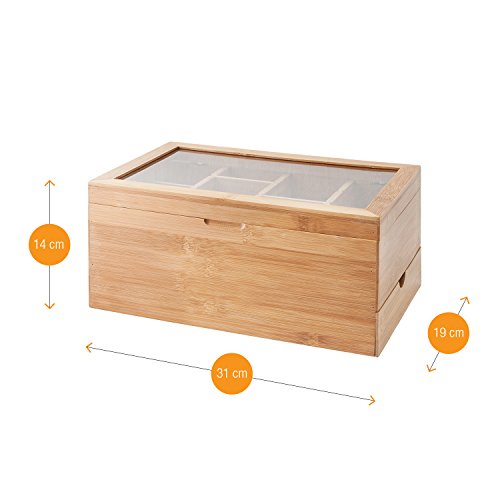 Amazy Caja para té de bambú – Caja de madera para té con 8 compartimentos, cristal templado y cajón para el almacenamiento de té (en bolsas) y otros accesorios