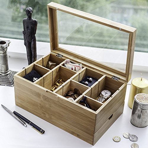 Amazy Caja para té de bambú – Caja de madera para té con 8 compartimentos, cristal templado y cajón para el almacenamiento de té (en bolsas) y otros accesorios