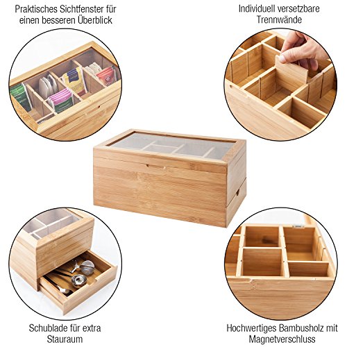 Amazy Caja para té de bambú – Caja de madera para té con 8 compartimentos, cristal templado y cajón para el almacenamiento de té (en bolsas) y otros accesorios