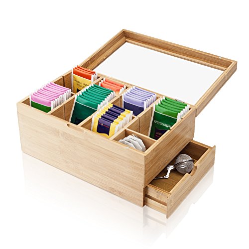 Amazy Caja para té de bambú – Caja de madera para té con 8 compartimentos, cristal templado y cajón para el almacenamiento de té (en bolsas) y otros accesorios