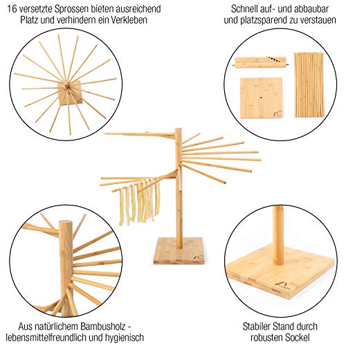 Amazy Secador de Pasta de Bambú + ePaper gratuito con recetas y consejos de uso | 100% natural - Soporte de pasta antideslizante y resistente para el secado casero de pasta