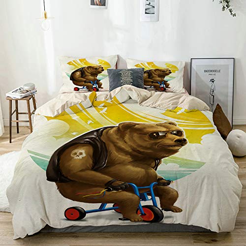 AMIGGOO Bedding Juego de Funda de Edredón,Beige,Brown Bear Ride Bike Divertido Verano Transpirable,1 Funda Nórdica 140x200 + 2 Funda de Almohada