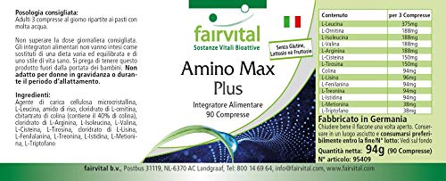 Amino Max Plus - complejo de aminoácidos - vegetariano - 90 Comprimidos - contiene 13 aminoácidos esenciales - Calidad Alemana