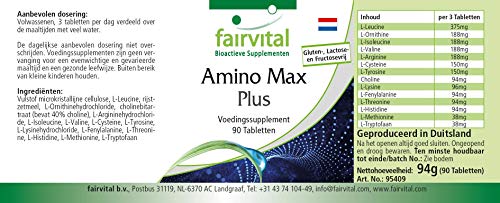 Amino Max Plus - complejo de aminoácidos - vegetariano - 90 Comprimidos - contiene 13 aminoácidos esenciales - Calidad Alemana