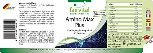 Amino Max Plus - complejo de aminoácidos - vegetariano - 90 Comprimidos - contiene 13 aminoácidos esenciales - Calidad Alemana Amino Max Plus - complejo de aminoácidos - vegetariano - 90 Comprimidos - contiene 13 aminoácidos esenciales - Calidad Alemana