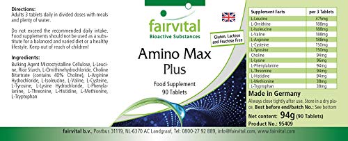Amino Max Plus - complejo de aminoácidos - vegetariano - 90 Comprimidos - contiene 13 aminoácidos esenciales - Calidad Alemana Amino Max Plus - complejo de aminoácidos - vegetariano - 90 Comprimidos - contiene 13 aminoácidos esenciales - Calidad Alemana