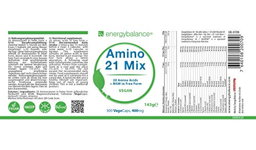 Amino21mix forma libre 400mg | 20 aminoácidos | inc. Los 8 aminoácidos esenciales | Vegano | HACCP | Natural | Sin gluten | Sin OGM | 300 VegeCaps