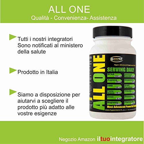 Aminoácidos esenciales BCAA | 1 paquetes de 200 cpr 260 gr | con: glutamina arginina HMB Acetil Carnitina Tribulus Dioscorrea Alholva ZMA | Fuerza de recuperación muscular | ALL ONE