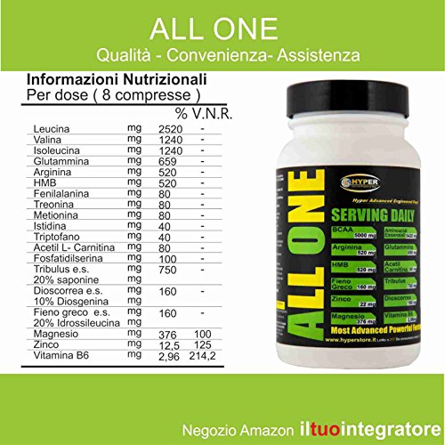 Aminoácidos esenciales BCAA | 1 paquetes de 200 cpr 260 gr | con: glutamina arginina HMB Acetil Carnitina Tribulus Dioscorrea Alholva ZMA | Fuerza de recuperación muscular | ALL ONE Aminoácidos esenciales BCAA | 1 paquetes de 200 cpr 260 gr | con: glutamina arginina HMB Acetil Carnitina Tribulus Dioscorrea Alholva ZMA | Fuerza de recuperación muscular | ALL ONE