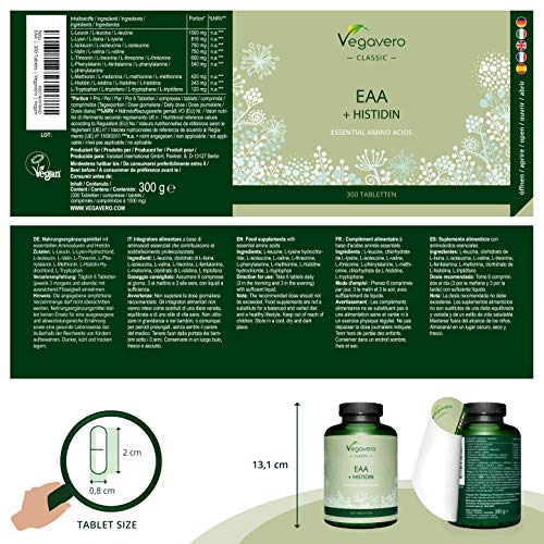 Aminoácidos Esenciales EAA Vegavero® | Sin Aditivos Artificiales | 300 Comprimidos – No Polvo | Incluye BCAA + Histidina + Triptófano + Metionina | Aminoácidos Ramificados | Vegano Aminoácidos Esenciales EAA Vegavero® | Sin Aditivos Artificiales | 300 Comprimidos – No Polvo | Incluye BCAA + Histidina + Triptófano + Metionina | Aminoácidos Ramificados | Vegano