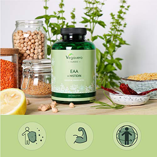 Aminoácidos Esenciales EAA Vegavero® | Sin Aditivos Artificiales | 300 Comprimidos – No Polvo | Incluye BCAA + Histidina + Triptófano + Metionina | Aminoácidos Ramificados | Vegano Aminoácidos Esenciales EAA Vegavero® | Sin Aditivos Artificiales | 300 Comprimidos – No Polvo | Incluye BCAA + Histidina + Triptófano + Metionina | Aminoácidos Ramificados | Vegano