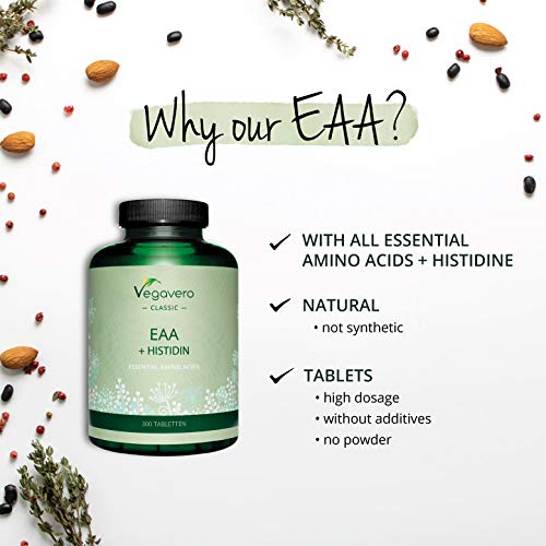 Aminoácidos Esenciales EAA Vegavero® | Sin Aditivos Artificiales | 300 Comprimidos – No Polvo | Incluye BCAA + Histidina + Triptófano + Metionina | Aminoácidos Ramificados | Vegano Aminoácidos Esenciales EAA Vegavero® | Sin Aditivos Artificiales | 300 Comprimidos – No Polvo | Incluye BCAA + Histidina + Triptófano + Metionina | Aminoácidos Ramificados | Vegano