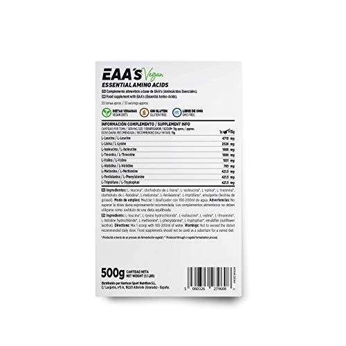 Aminoácidos Esenciales en Polvo de HSN | EAAs (Essential Amino Acids) | Síntesis de Proteínas + Aumento de Masa Muscular + Recuperador Muscular | Vegano, Sin Gluten, Sin Lactosa, Sin Sabor, 500g