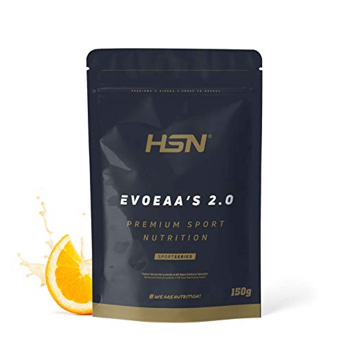 Aminoácidos Esenciales en Polvo de HSN EvoEAAs | 9 Aminoácidos Esenciales | Para Ganar Masa Muscular + Recuperador Muscular + Bebida Intra Entreno | Vegano, Sin Gluten, Sin Lactosa, Naranja, 150g