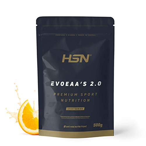 Aminoácidos Esenciales en Polvo de HSN EvoEAAs | 9 Aminoácidos Esenciales | Para Ganar Masa Muscular + Recuperador Muscular + Bebida Intra Entreno | Vegano, Sin Gluten, Sin Lactosa, Naranja, 500g