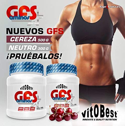 Aminoácidos Esenciales GFS AMINOS Powder Polvo, Cápsulas y viales - Fuerte Recuperador Muscular - Suplementos Deportivos - Vitobest (Cereza, 500g)