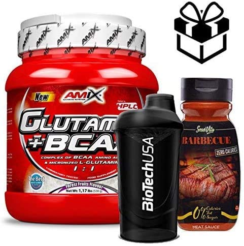 Amix Glutamine + BCAA 530 gr - frutas del bosque + Mezclador y Salsa BBQ