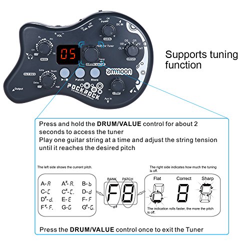 ammoon Múltiples Efecto Pedal PockRock Guitarra Portátil Procesador de Efectos 15 Tipos de Efectos 40 Ritmos del Tambor Función de Ajuste con Adaptador de Corriente (Gris)