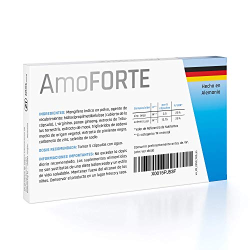 Amoforte 2250 MG | Sin Ninguna Contraindicación | Made In Germany | Energizzante Naturale con Tribulus, Maca, Ginseng y L-Arginina | 20 Cáps.