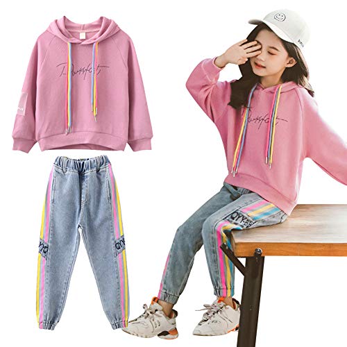 amropi Niña Chándales Sudadera con Capucha y Pantalones Vaqueros 2 Piezas Conjunto de Ropa Rosa Azul,11-12 años