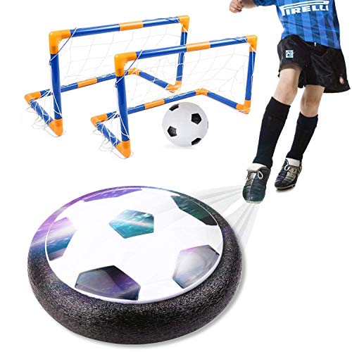 amzdeal Air Football Kit Balón Fútbol Flotante (1 Fútbol Flotante+1 Mini Fútbol +2 Portería de Fútbol +1 Aguja de Gas) Aire Fútbol para Actividad Interior o Exterior con Luz LED y Música (2 Goal)