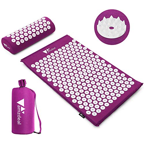 Amzdeal Esterilla Acupresión Kit de Masaje con Bolsa y Cojín para la Relajación de Salud y el Alivio del Doloroga(color púrpura)