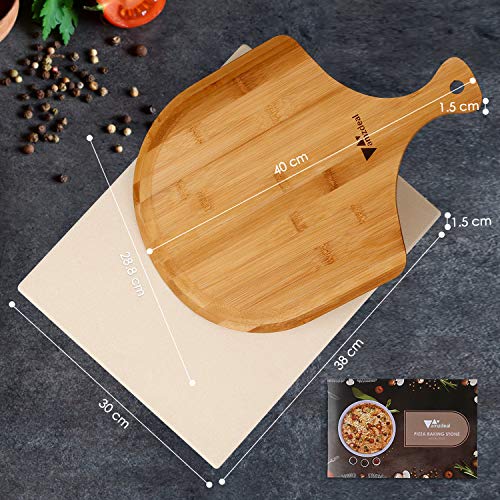 Amzdeal Juego de Piedra para Pizza y Pala - Piedra de Cordierita para Horno con Pala de Bambú, Bandeja para Parrilla o Grill, Set de Pizza Stone para Pollo, Pan o Galleta 30*38*1.5 CM