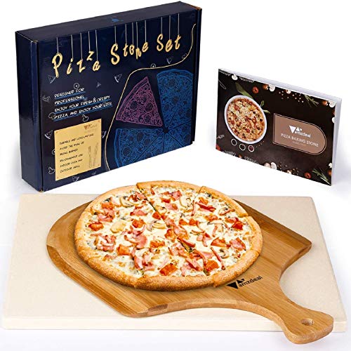 Amzdeal Juego de Piedra para Pizza y Pala - Piedra de Cordierita para Horno con Pala de Bambú, Bandeja para Parrilla o Grill, Set de Pizza Stone para Pollo, Pan o Galleta 30*38*1.5 CM