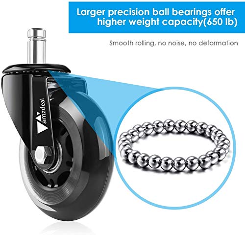 Amzdeal Ruedas para Sillas de Oficina 5 Pcs-11mm Ruedas de Giratoria de 360 ° Caster Silencioso, Ajuste universal Adecuado para Todos los Suelos Incluida la Madera Dura, Carga total 295 kg/650 lbs Amzdeal Ruedas para Sillas de Oficina 5 Pcs-11mm Ruedas de Giratoria de 360 ° Caster Silencioso, Ajuste universal Adecuado para Todos los Suelos Incluida la Madera Dura, Carga total 295 kg/650 lbs