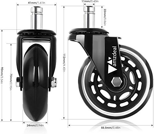 Amzdeal Ruedas para Sillas de Oficina 5 Pcs-11mm Ruedas de Giratoria de 360 ° Caster Silencioso, Ajuste universal Adecuado para Todos los Suelos Incluida la Madera Dura, Carga total 295 kg/650 lbs