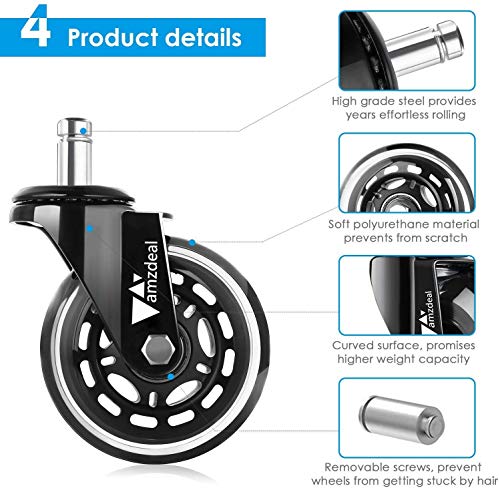 Amzdeal Ruedas para Sillas de Oficina 5 Pcs-11mm Ruedas de Giratoria de 360 ° Caster Silencioso, Ajuste universal Adecuado para Todos los Suelos Incluida la Madera Dura, Carga total 295 kg/650 lbs Amzdeal Ruedas para Sillas de Oficina 5 Pcs-11mm Ruedas de Giratoria de 360 ° Caster Silencioso, Ajuste universal Adecuado para Todos los Suelos Incluida la Madera Dura, Carga total 295 kg/650 lbs