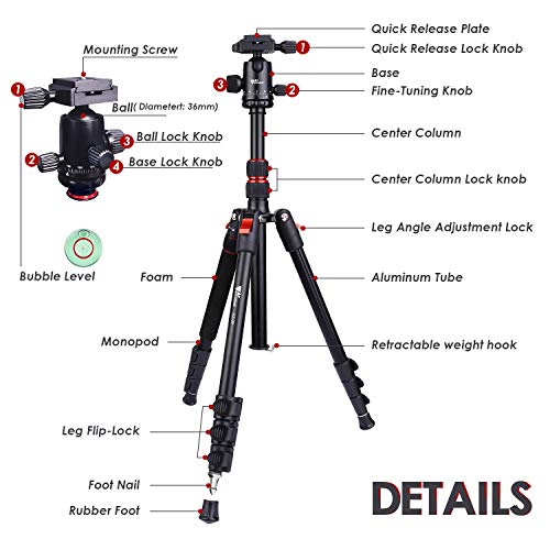 Amzdeal Trípode Cámara, Trípode de Aluminio Portátil, 164cm Monopie, con Bolsa de Transporte，Viaje Trípode con 360°Rótula de Bola Panorámica para Nikon Canon Sony Samsung Olympus Panasonic