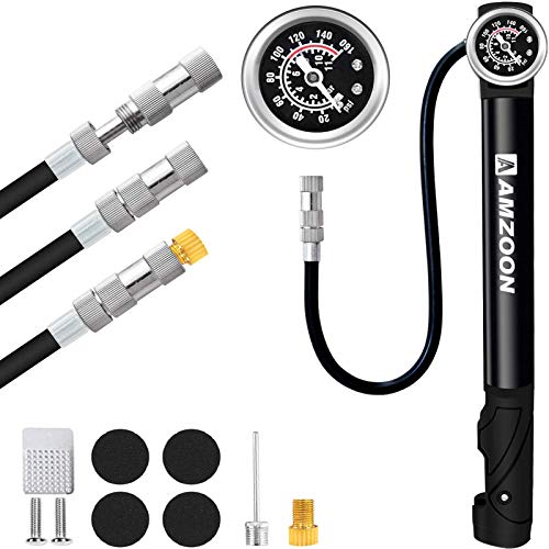 AMZOON Bomba para Bicicleta Inflador Bici Con Manómetro Tubo Extensión Mini Bomba de Aire Bicicleta Adaptador Válvulas Presta y Schrader Hinchador Bici per BMX MTB Accesorios Bicicleta