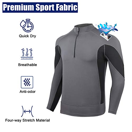 AMZSPORT Sudaderas Hombre Camiseta Deportiva de Manga Larga con Cremallera 1/4 para Correr Gimnasio Golf Ciclismo, Gris L