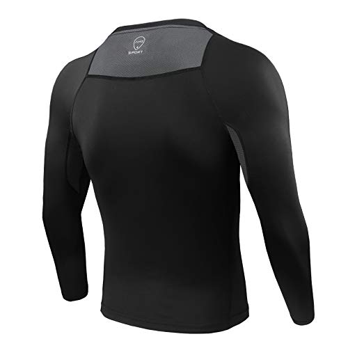 AMZSPORT Top de Compresión para Hombre Camiseta Deportiva de Manga Larga Capa Base para Gimnasio Correr Ciclismo Golf, Negro L