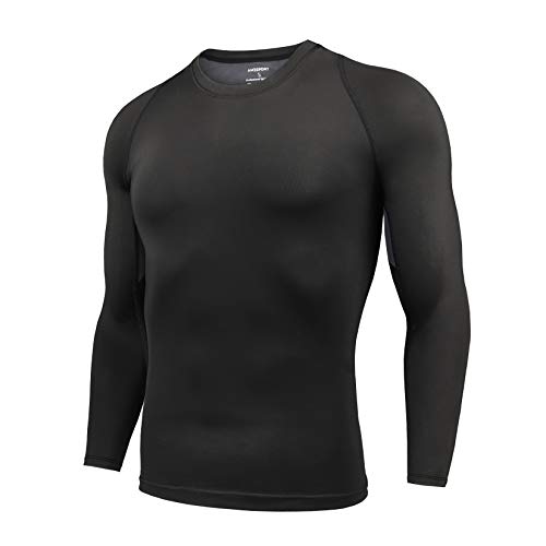 AMZSPORT Top de Compresión para Hombre Camiseta Deportiva de Manga Larga Capa Base para Gimnasio Correr Ciclismo Golf, Negro L