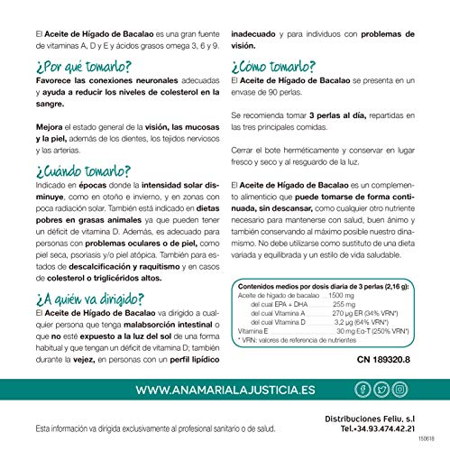Ana Maria Lajusticia - Aceite de hígado de bacalao – 90 perlas aporte de VITAMINAS D, A y E y ácidos grasos omega 3. Envase para 30 días de tratamiento.