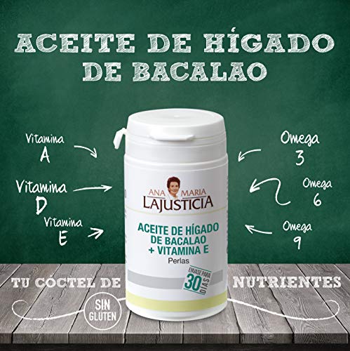Ana Maria Lajusticia - Aceite de hígado de bacalao – 90 perlas aporte de VITAMINAS D, A y E y ácidos grasos omega 3. Envase para 30 días de tratamiento. Ana Maria Lajusticia - Aceite de hígado de bacalao – 90 perlas aporte de VITAMINAS D, A y E y ácidos grasos omega 3. Envase para 30 días de tratamiento.