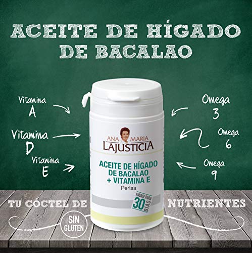 Ana Maria Lajusticia - Aceite de hígado de bacalao – 90 perlas aporte de VITAMINAS D, A y E y ácidos grasos omega 3. Envase para 30 días de tratamiento.