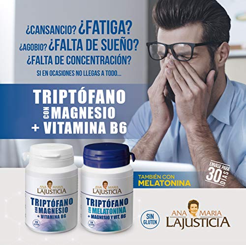 Ana Maria Lajusticia - Triptófano con melatonina + magnesio + VIT B6 – 60 comprimidos. Induce al sueño y mejora la calidad del sueño. Apto para veganos. Envase para 30 días de tratamiento.