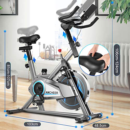 ANCHEER Bicicleta de Spinning, Bici estática Indoor de Volante de Inercia de 10 kg, Bicicletas de Ejercicio App Conexión Resistencia/Sillin Ajustable y Pantalla LCD para Ejercicio en Casa