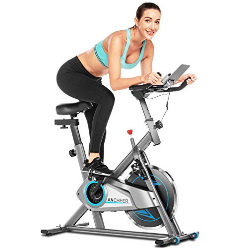 ANCHEER Bicicleta de Spinning, Bici estática Indoor de Volante de Inercia de 10 kg, Bicicletas de Ejercicio App Conexión Resistencia/Sillin Ajustable y Pantalla LCD para Ejercicio en Casa