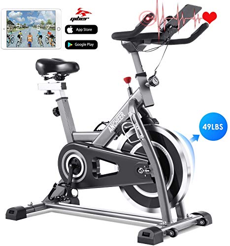 ANCHEER Bicicleta de Spinning Bicicleta Indoor de Volante de Inercia de 22kg Bicicletas de Ciclo con Conecto con App Resistencia Ajustable y Monitor LCD para Ejercicio en el Hogar (Plateado)
