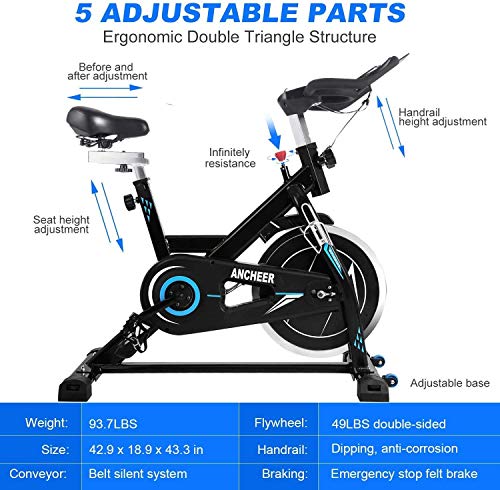 ANCHEER Bicicleta de Spinning Bicicleta Indoor de Volante de Inercia de 22kg Bicicletas de Ciclo con Conecto con App y Monitor LCD para Ejercicio en el Hogar Carga Peso Máximo: 120 kg (Negro)