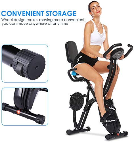 ANCHEER Bicicleta Estática Plegable Bicicleta de Ejercicio 10 Niveles de Resistencia Magnética, con App, Soporte para Tableta Capacidad de Peso:120kg (Negro (Respaldo+Giro de Cintura))