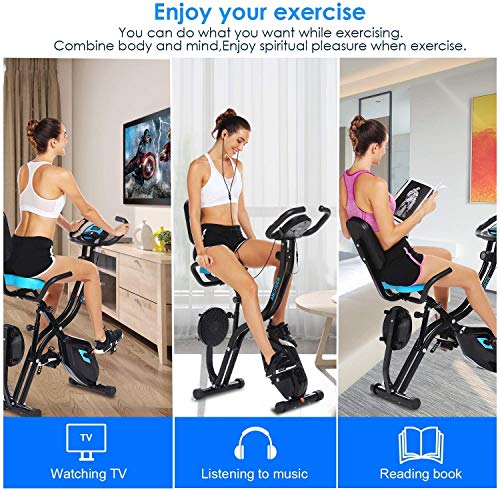 ANCHEER Bicicleta Estática Plegable Bicicleta de Ejercicio 10 Niveles de Resistencia Magnética, con App, Soporte para Tableta Capacidad de Peso:120kg (Negro (Respaldo+Giro de Cintura))